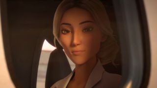 Soyona Santos smiles as she looks through the window of a private jet in Jurassic World: Chaos Theory - S2, E10 