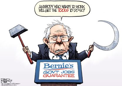 Political cartoon U.S. Bernie Sanders job guarantee hammer and sickle Soviet Union