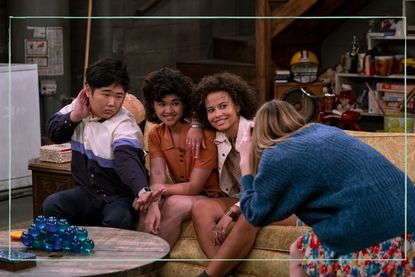 Reyn Doi as Ozzie, Sam Morelos as Nikki, Ashley Aufderheide as Gwen Runck, Callie Haverda as Leia Forman in episode 110 of That ‘90s Show