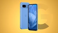 Google Pixel 8a in Blue on yellow gradient background
