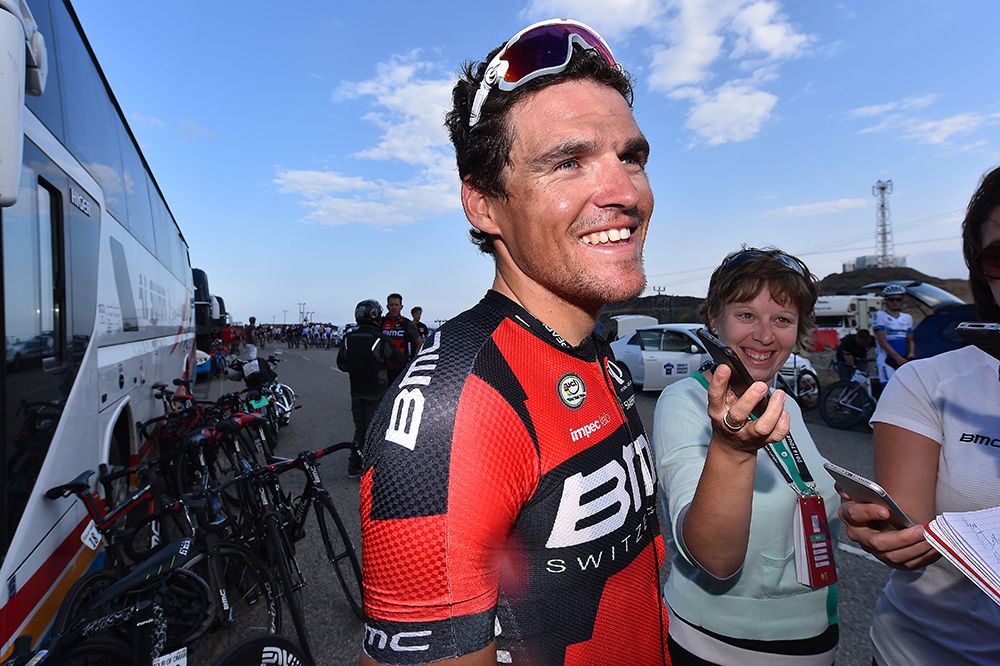 All smiles from Greg Van Avermaet as he talks to the press