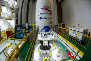 Engineers closed the fairing over BepiColombo in preparation for the mission's launch on Oct. 19 (Oct. 20 GMT).