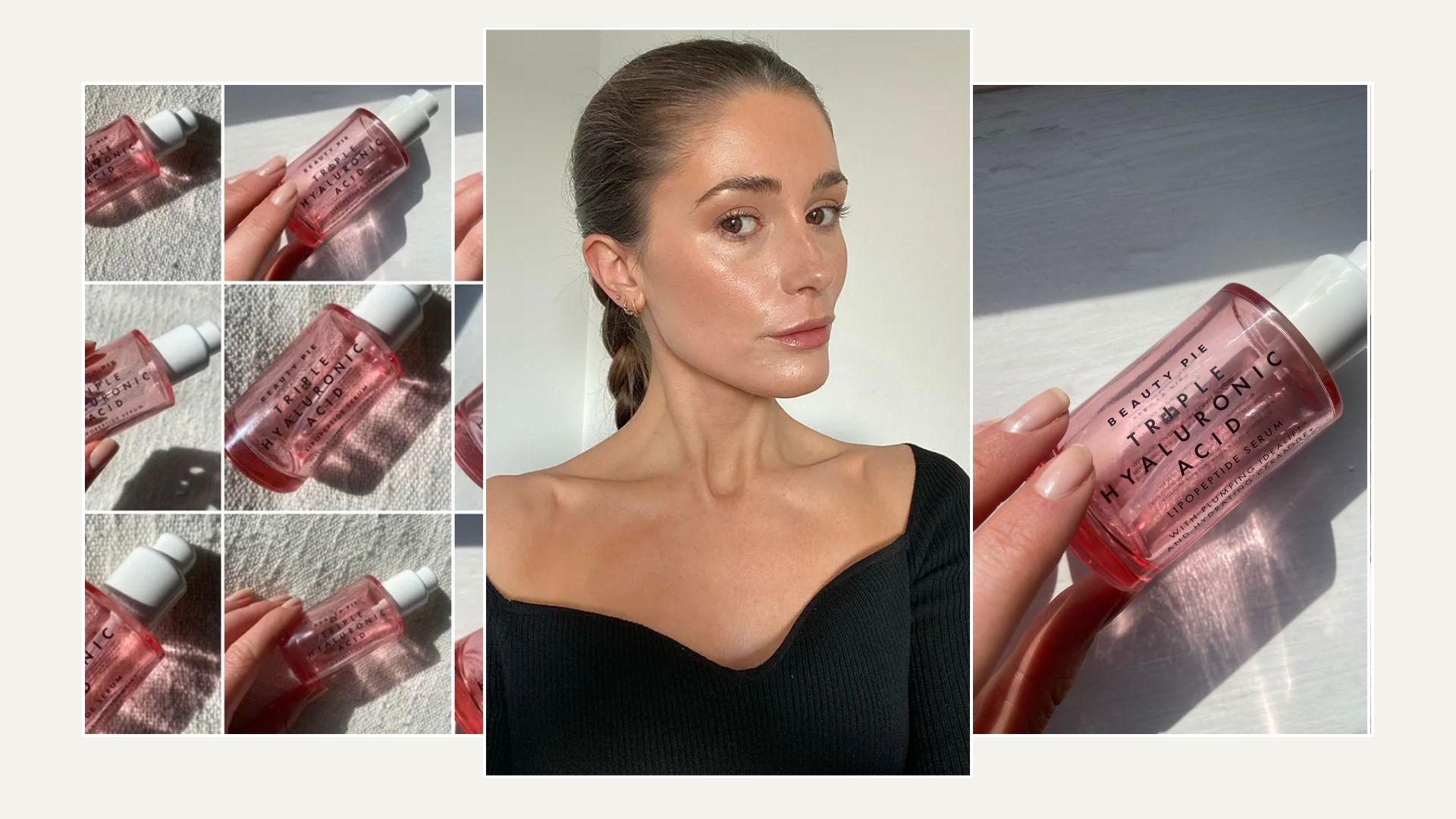 A collage of the Beauty Pie Triple Hyaluronic Acid Serum