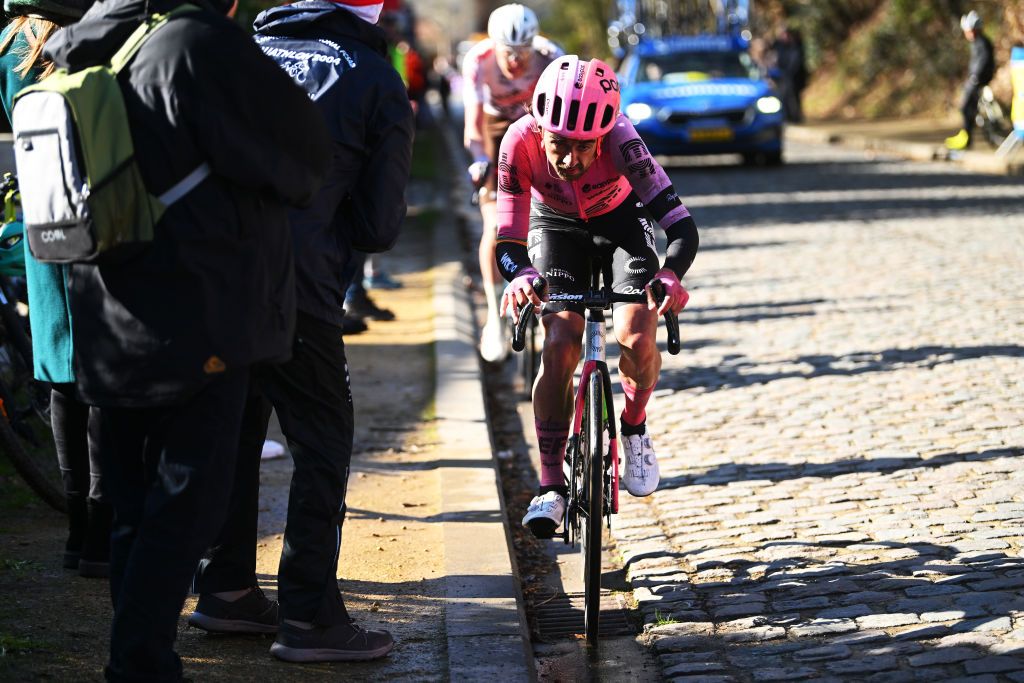 OVERIJSE BELGIUM APRIL 12 Ben Healy of Ireland and Team EF EducationEasyPost leads the breakaway during the 63rd De Brabantse Pijl La Fleche Brabanconne 2023 Mens Elite a 2051km one day race from Leuven to Overijse on April 12 2023 in Overijse Belgium Photo by Luc ClaessenGetty Images