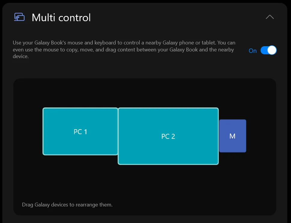Sắp xếp các thiết bị di động và màn hình trong Đa điều khiển trên Samsung Galaxy Book 3 Ultra