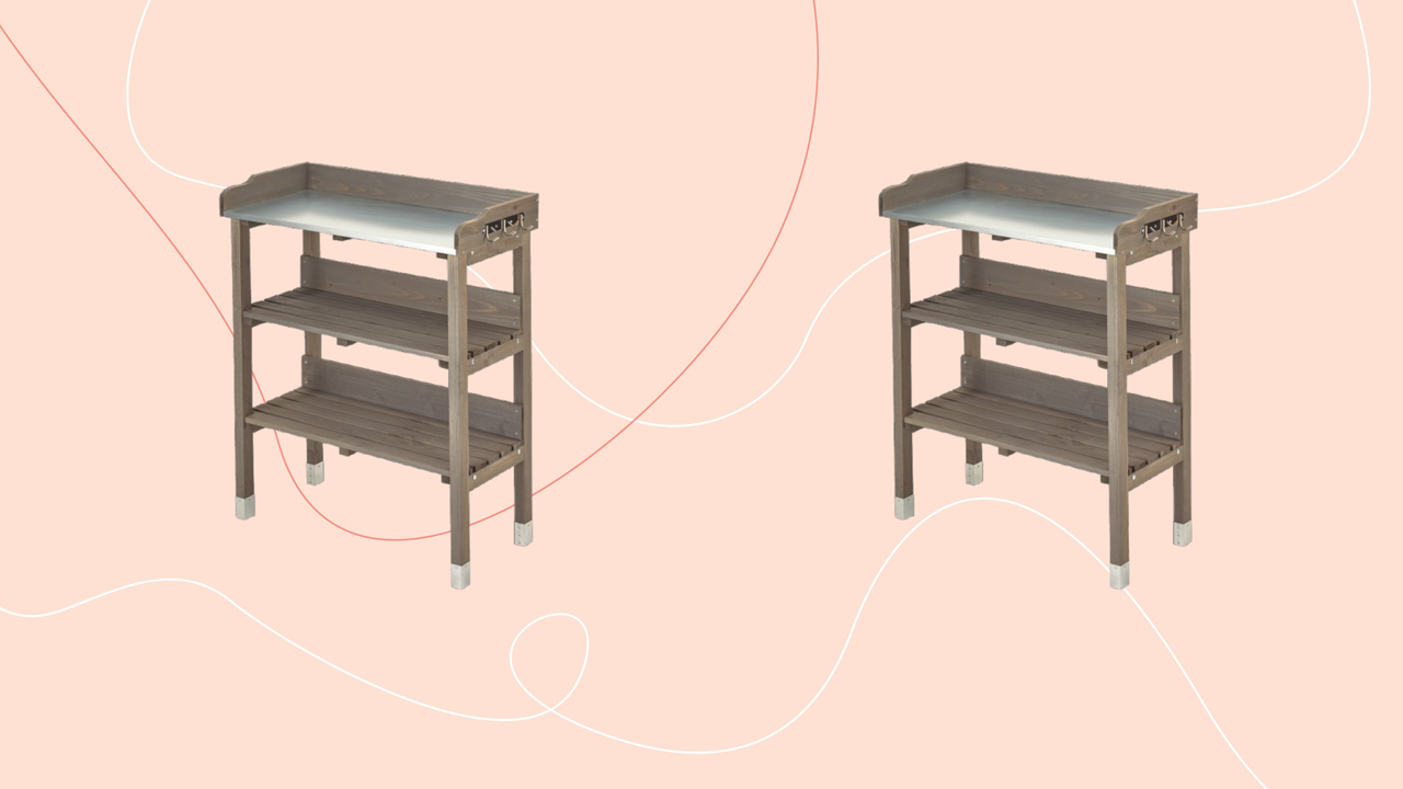 Two Aldi potting benches on a pale pink background.