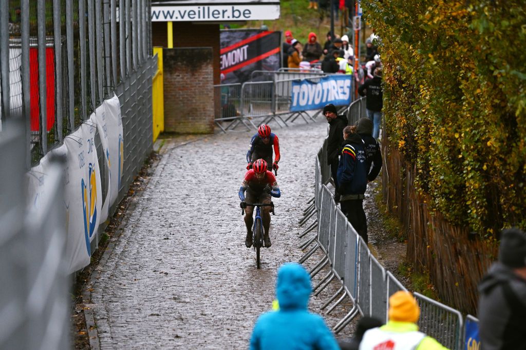 OVERIJSE BELGIUM NOVEMBER 20 A general view of Lars Van Der Haar of The Netherlands and Pim Ronhaar of The Netherlands and Team Baloise Trek Lions compete during the 62nd UCI Cyclocross World Cup Druivencross Overijse 2022 Mens Elite CXWorldCup Overijse Cyclocross on November 20 2022 in Overijse Belgium Photo by Luc ClaessenGetty Images