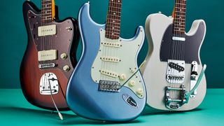 Fender Jazzmaster, Stratocaster and Telecaster on blue background