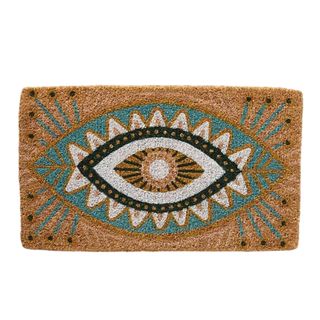 A brown rectangular door mat with a blue and white spirit eye