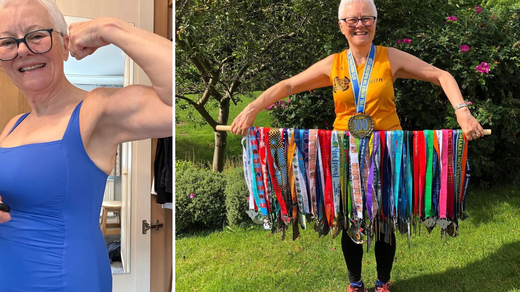 Two images side by side of the same woman with short white hair and glasses. In one image she flexes her biceps, in the other she holds a stick with dozens of running race medals hanging from it.