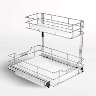 A metal sliding undersink cabinet organizer