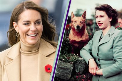 Kate Middleton corgi tribute - Kate Middleton smiling in a camel coat and dress, side by side a picture of Queen Elizabeth II and one of her corgis