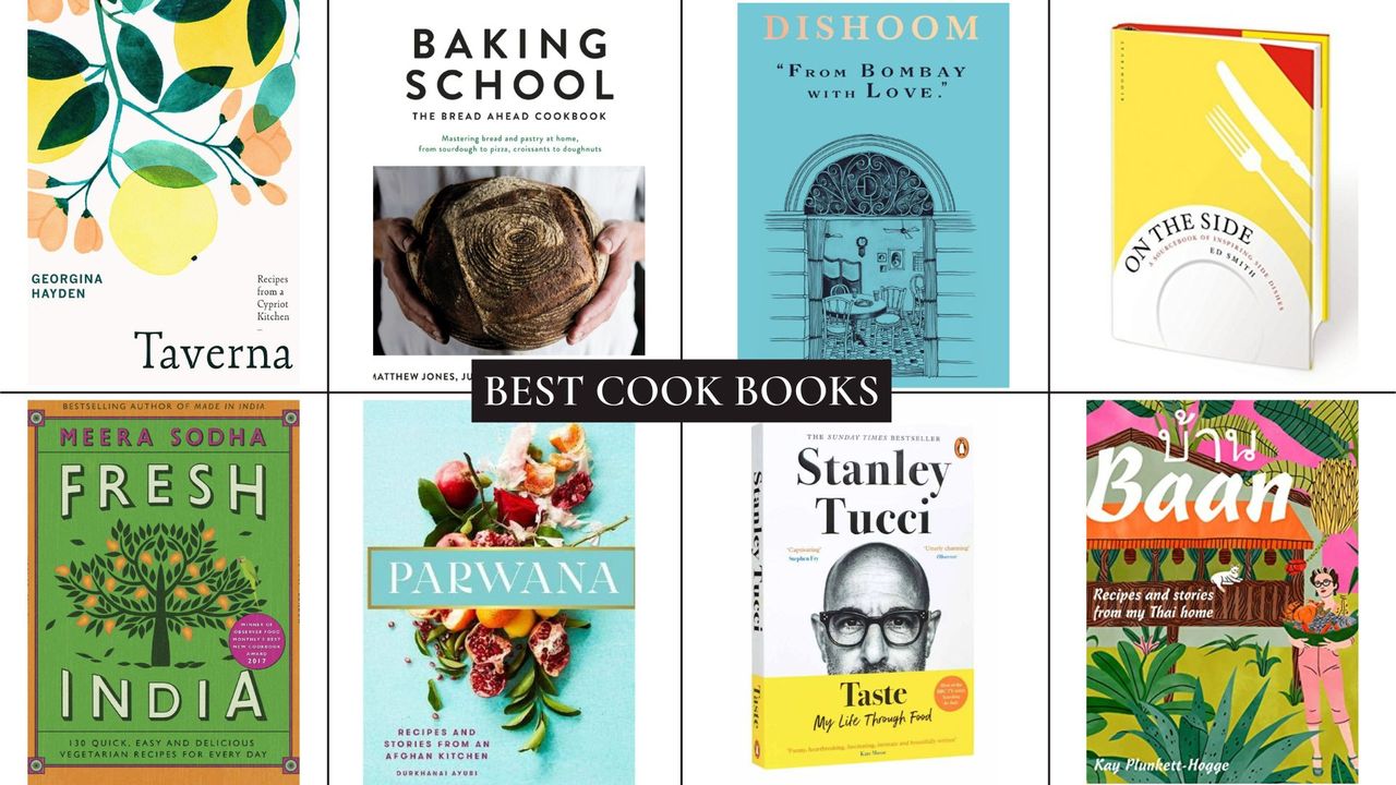 A composite image of eight of the best cook books, with text saying &#039;best cook books&#039;.