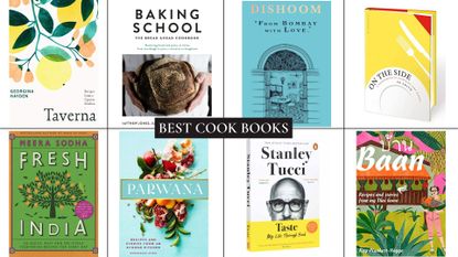 A composite image of eight of the best cook books, with text saying 'best cook books'.
