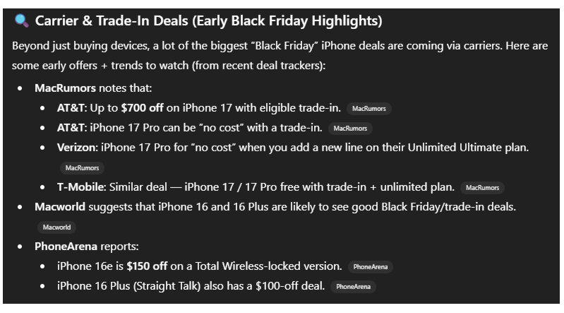 Carrier iPhone deal suggestions from ChatGPT, including T-Mobile, Verizon, and AT&amp;amp;T