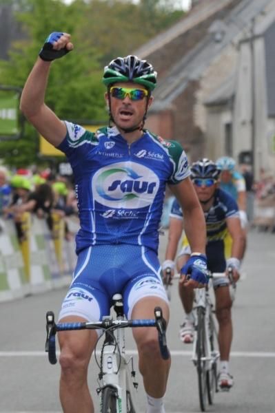A Saur-Sojasun rider celebrates after Jimmy Casper's win