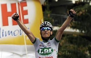 Italian rider Gabriele Bosisio (LPR Brakes) celebrates as he crosses the finish line first.