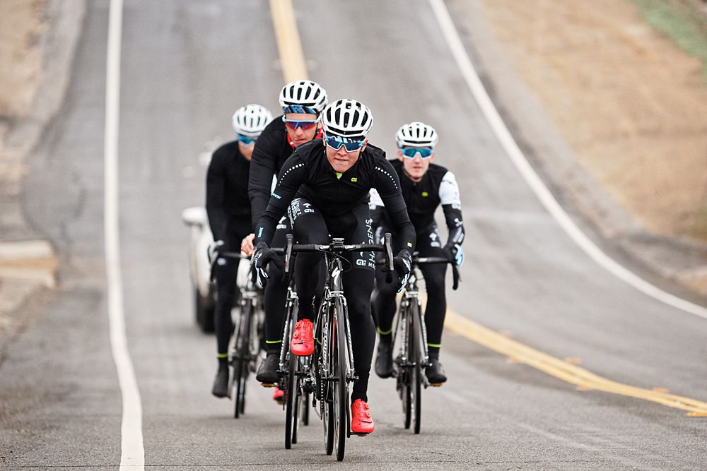 Greg Daniel leads up a climb on a damp day of training in the mountains near Malibu.