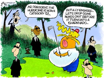 Political Cartoon U.S. Trump Nuke Hurricane Dorian Category 5 Sharknado