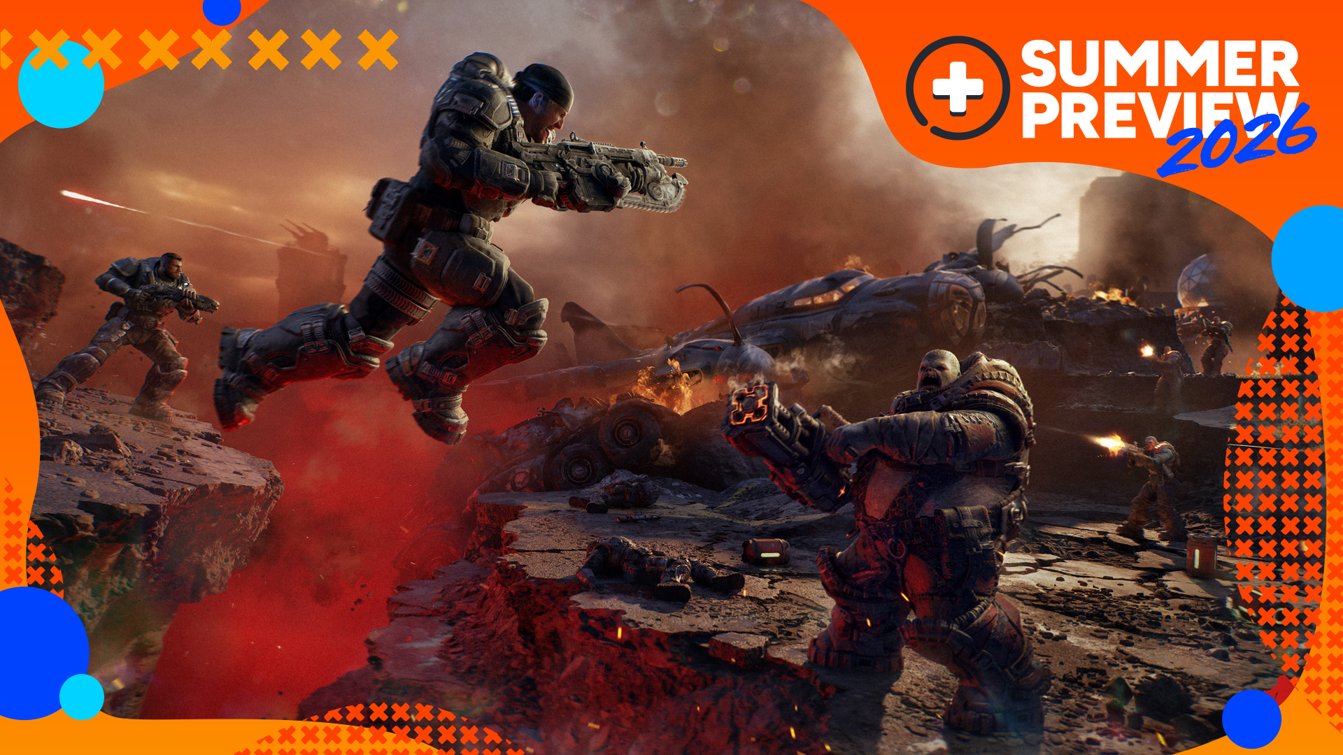 Gears of War: E-Day rendered screenshot showing Marcus leaping at a Locust