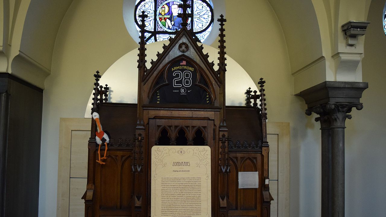 The church's confession booth is dedicated to sinners, and Lance Armstrong takes pride of place