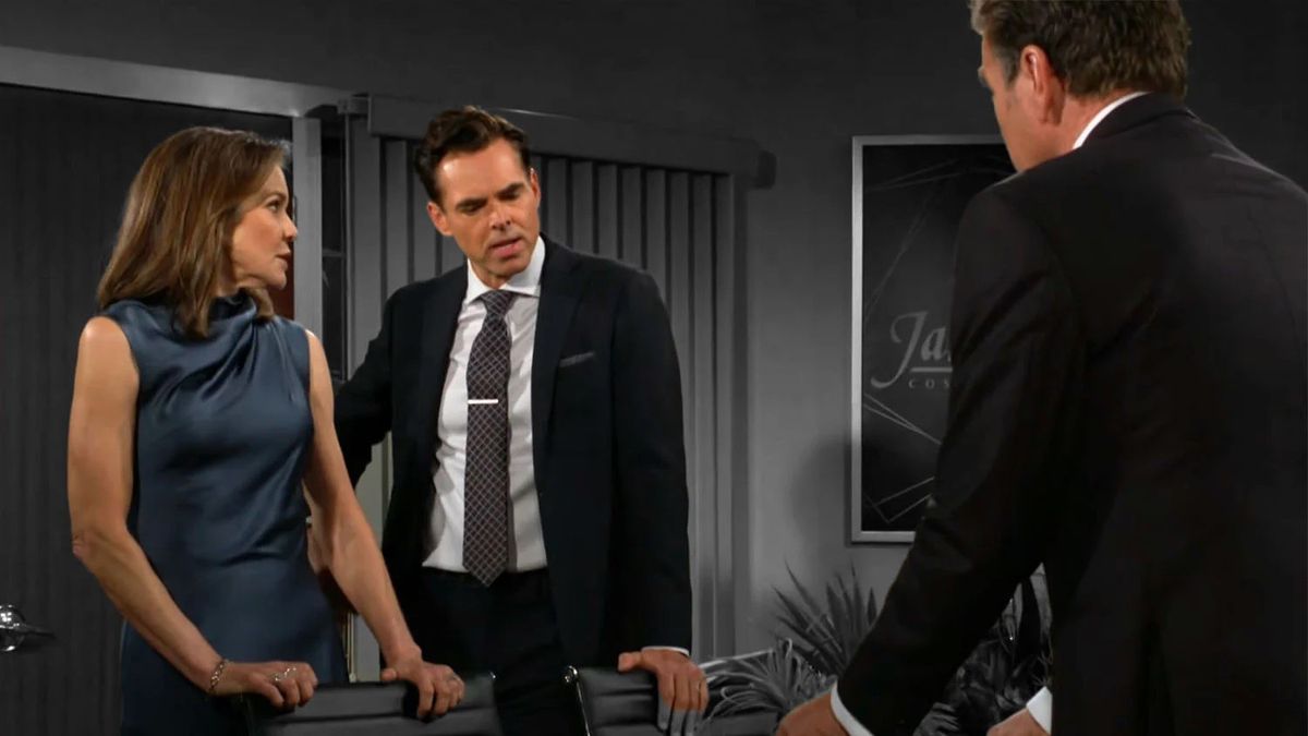 Susan Walters, Jason Thompson and Peter Bergman as Diane, Billy and Jack talking in the office in The Young and the Restless