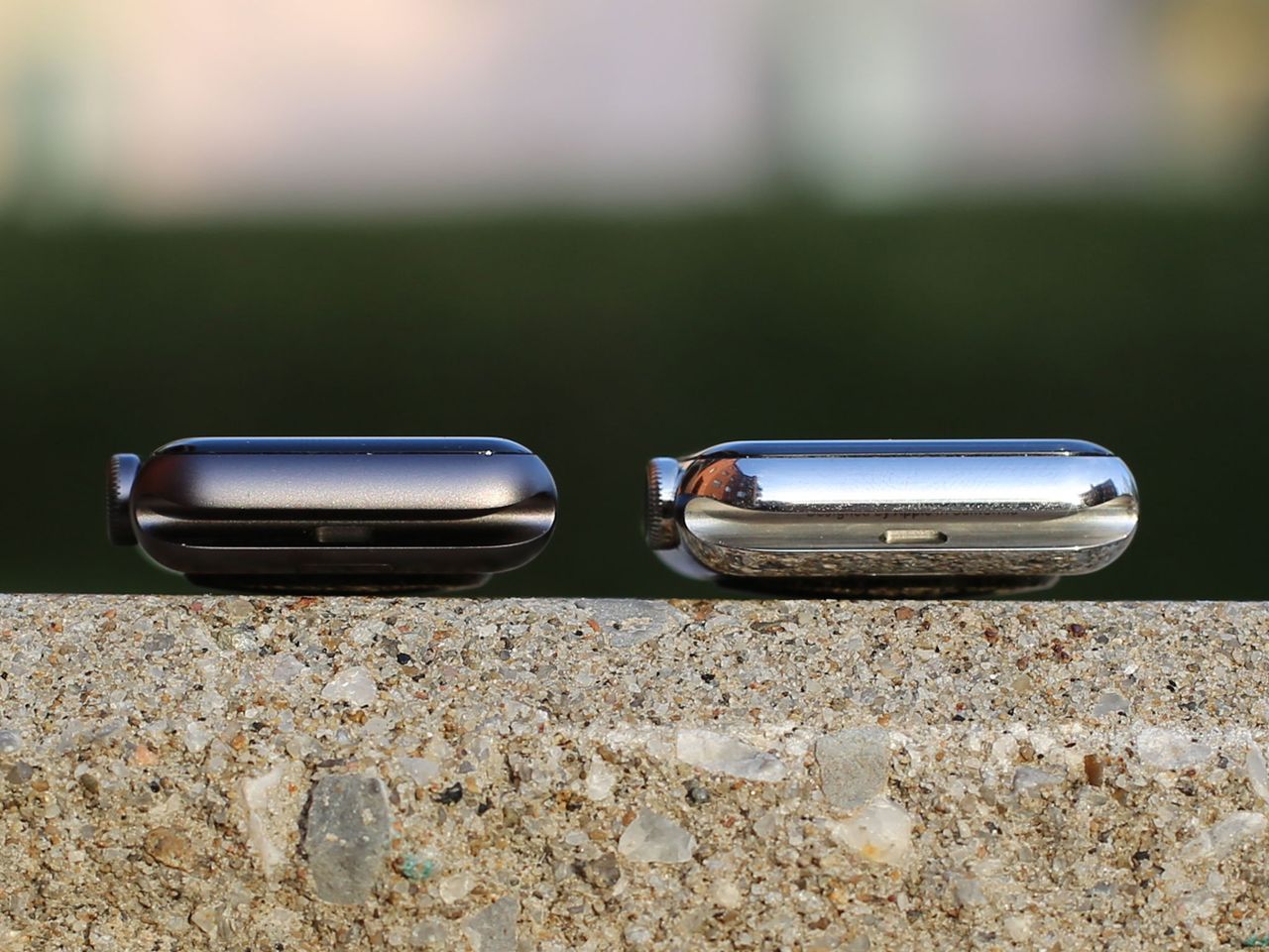 Space Black Sport case and Silver Stainless Steel case from the top