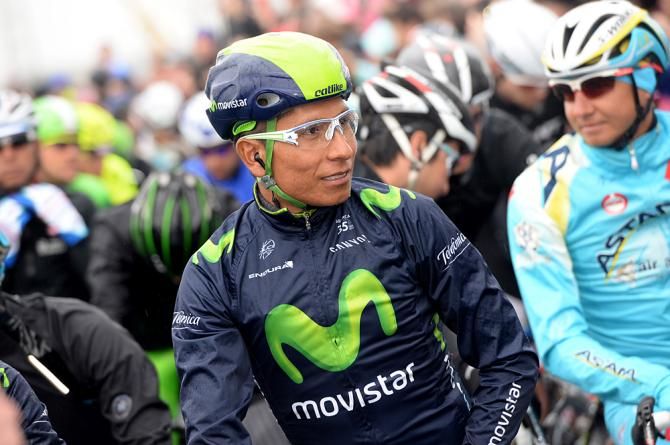 Nairo Quintana (Movistar) bundled up against the elements in Belfast