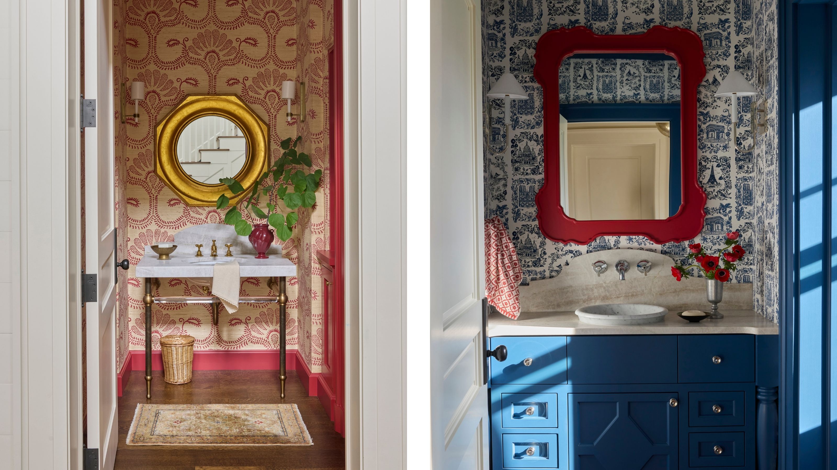 Split image: A powder room with red floral wallpaper and a marble console sink alongside a second powder room featuring blue-and-white wallpaper and a bold red framed mirror.