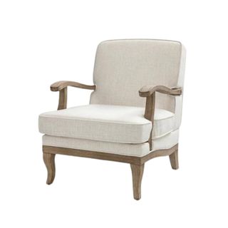 Wooden armchair with neutral linen cushions