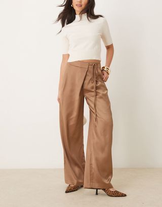 Asos Design Wrap Tie Wide Leg Satin Trousers in Mocha