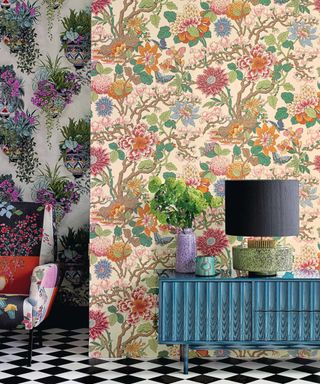 floral wallpaper and side unit with lamp