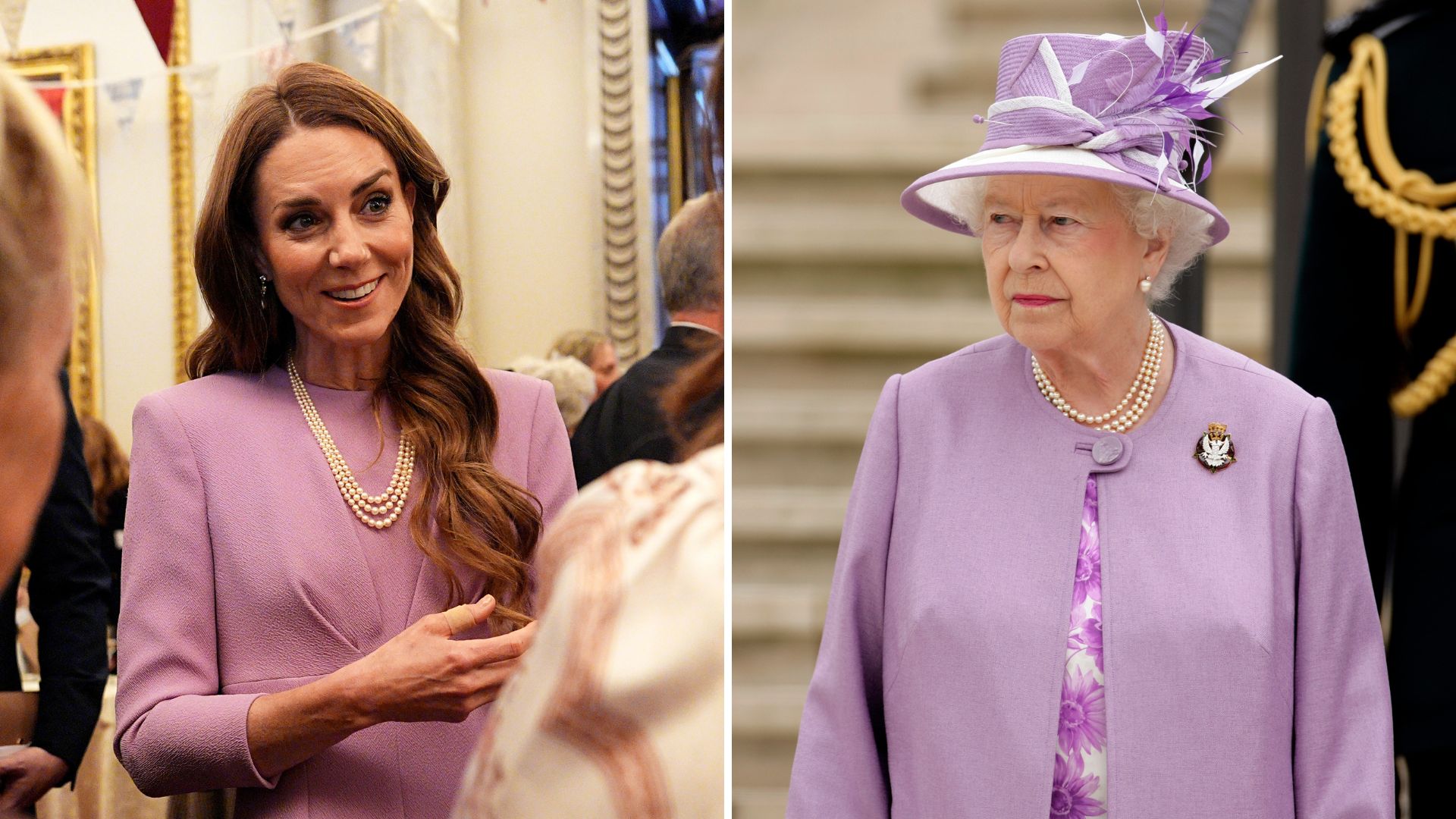 A composite of a picture of Kate Middleton wearing lilac in 2026 and a picture of Queen Elizabeth wearing lilac in 2011