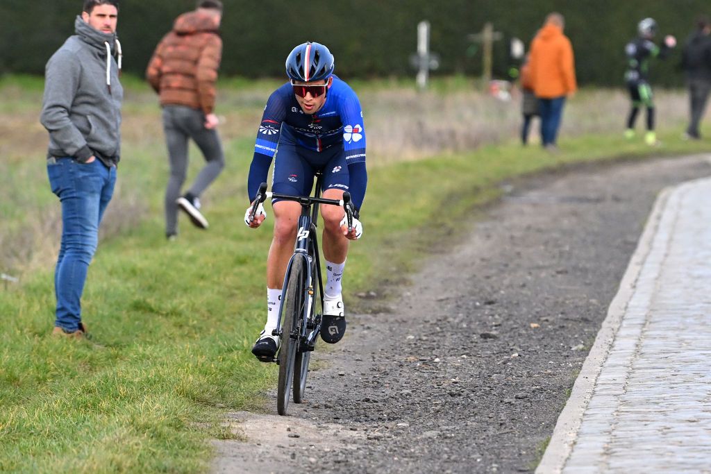 NOKERE BELGIUM MARCH 15 Samuel Watson of The United Kingdom and Team Groupama FDJ attacks during the 77th Danilith Nokere Koerse 2023 Mens Elite a 1936km one day race from Deinze to Nokere DanilithNokereKoerse on March 15 2023 in Deinze Belgium Photo by Luc ClaessenGetty Images