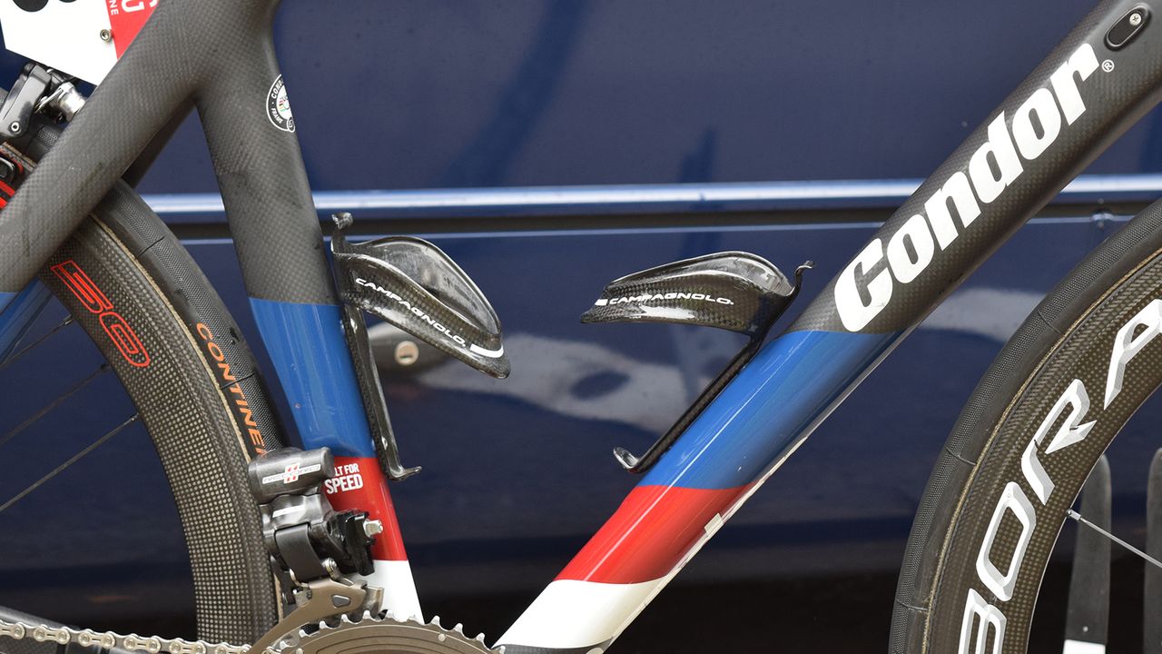 JLT Condor are one of very few professional teams to use Campagnolo's Super Record bottle cages, which weigh a claimed 27g