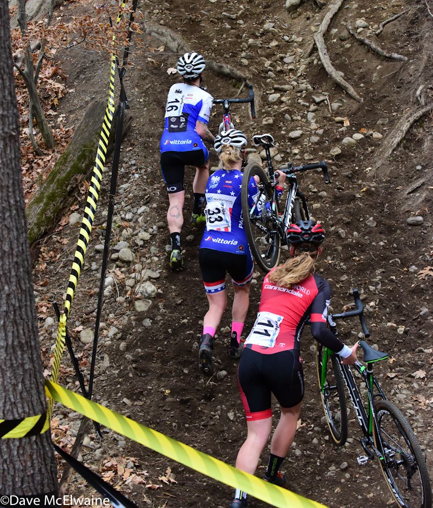 Jenna Greaser (JAM/NCC/Vittoria) leading Ellen Noble and Emma White up a steep run-up on lap two.