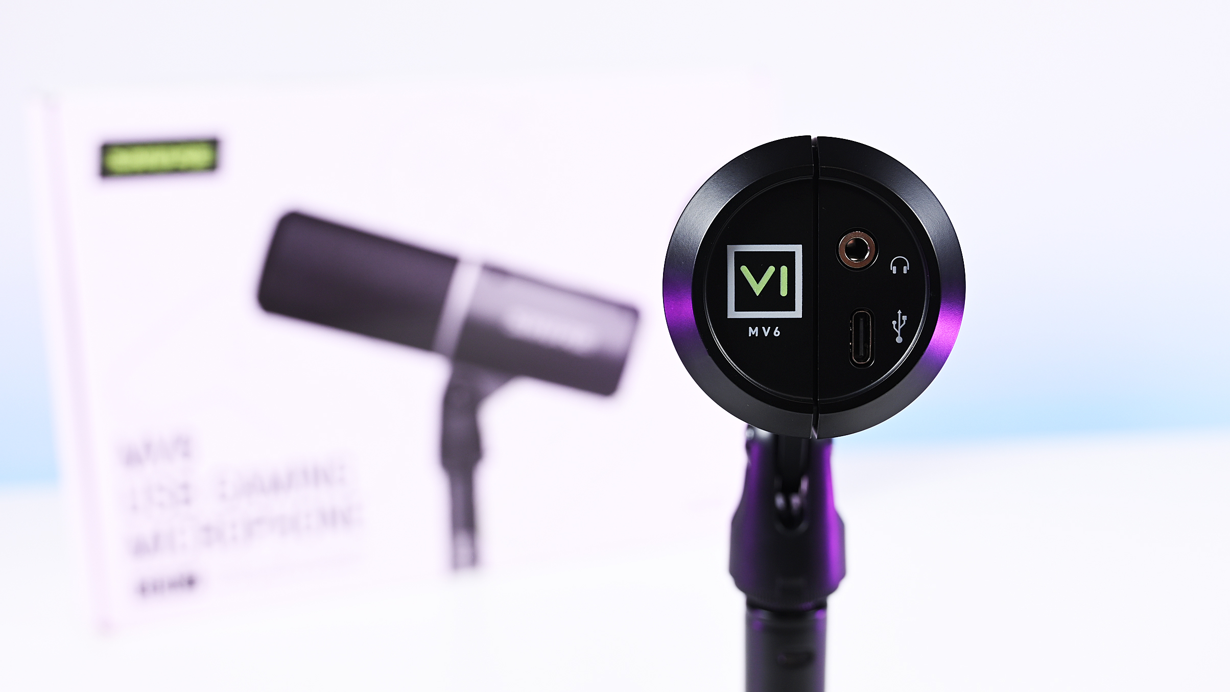 Direct bottom-up view of the Shure MV6 Gen 2 microphone displaying its 3.5mm headphone jack and USB-C port.
