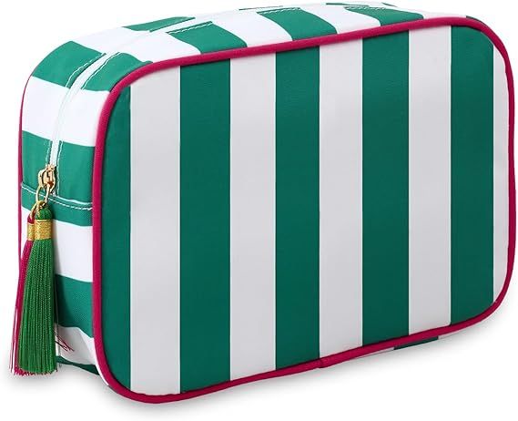 EMBRUNIOICE, Embrunioice Stripe Makeup Bag Travel Cosmetic Bag Organizer Tassel Toiletry Bag Large Canvas Zipper Pouch and Accessories Storage Bag for Women (white With Green)