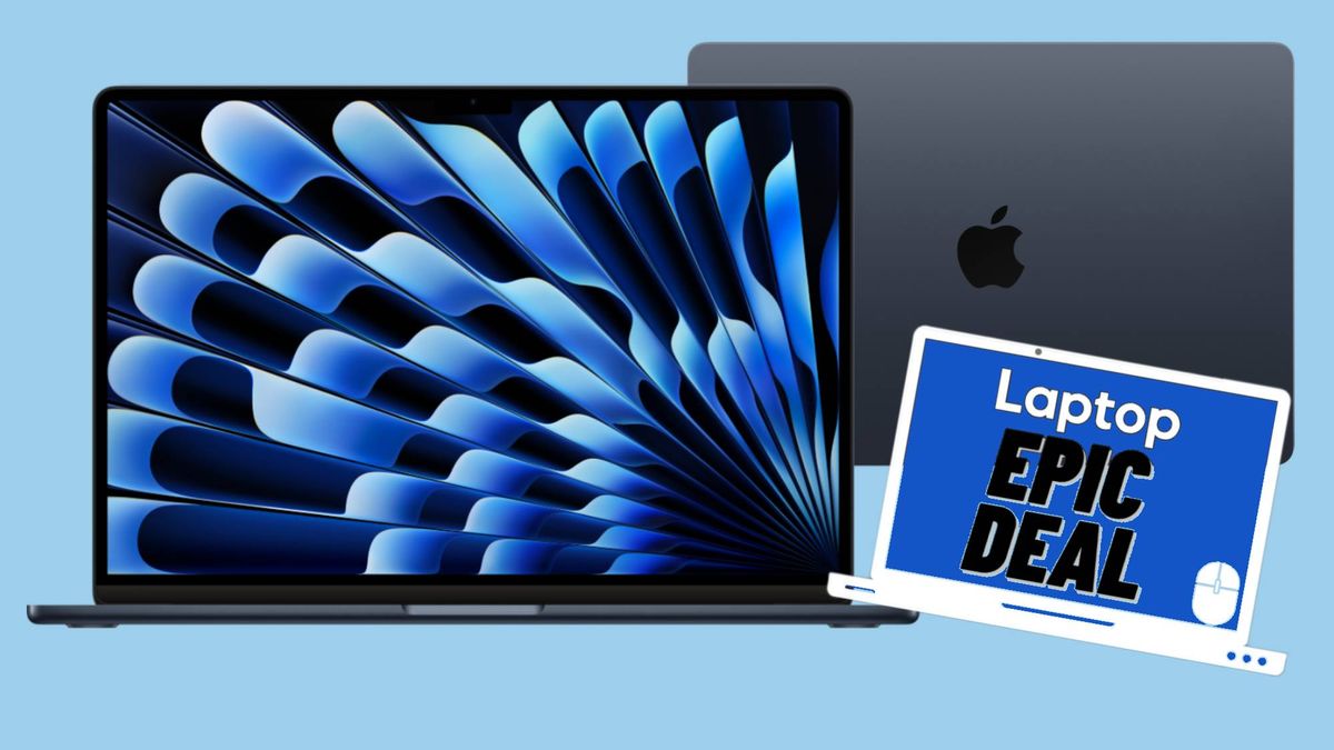 Black M3 MacBook Air against blue background with epic deal text