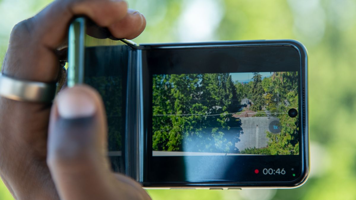 Holding the Motorola Razr Plus 2024 in Auto Camcorder mode