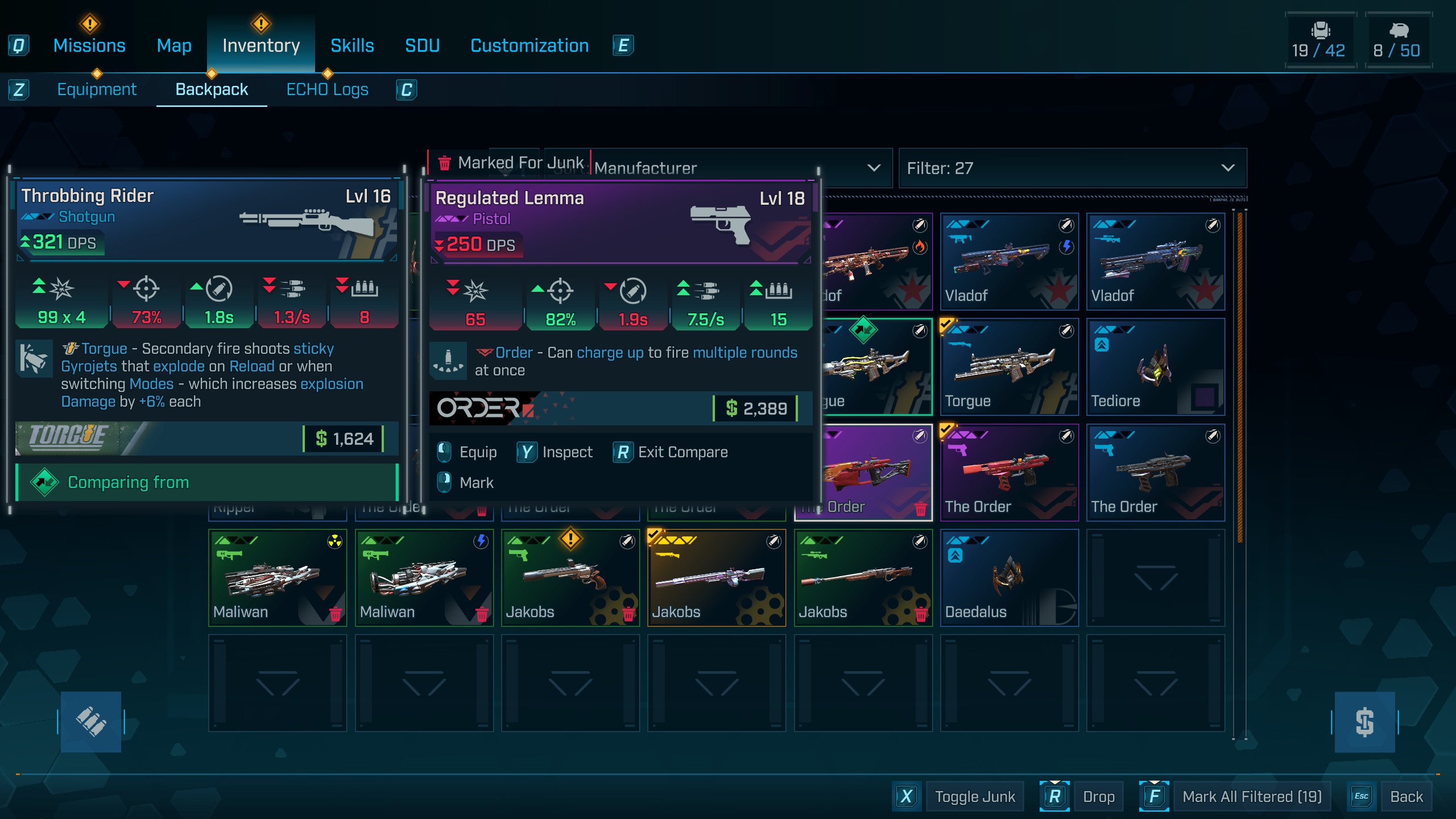 The inventory screen in Borderlands 4.