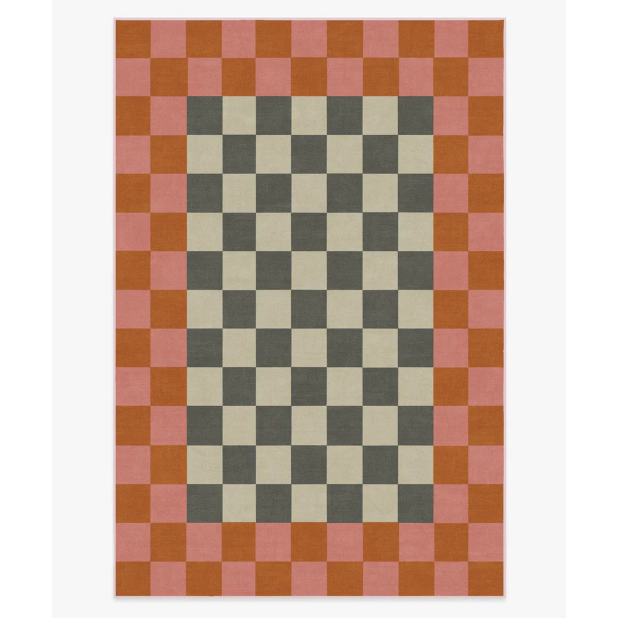 Checkerboard rug in black and white and pink and orange around the edges