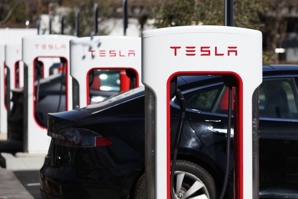 A view of Tesla Superchargers.