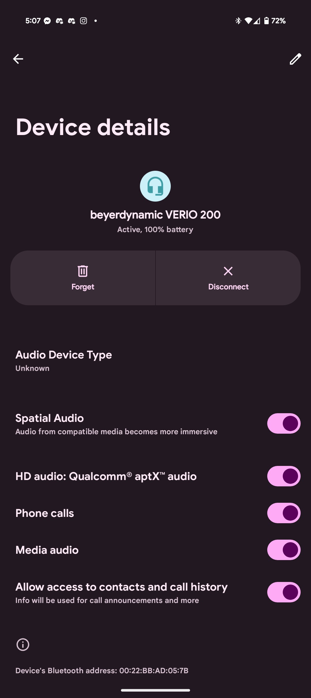 Screenshot of Bluetooth settings for Beyerdynamic Verio 200