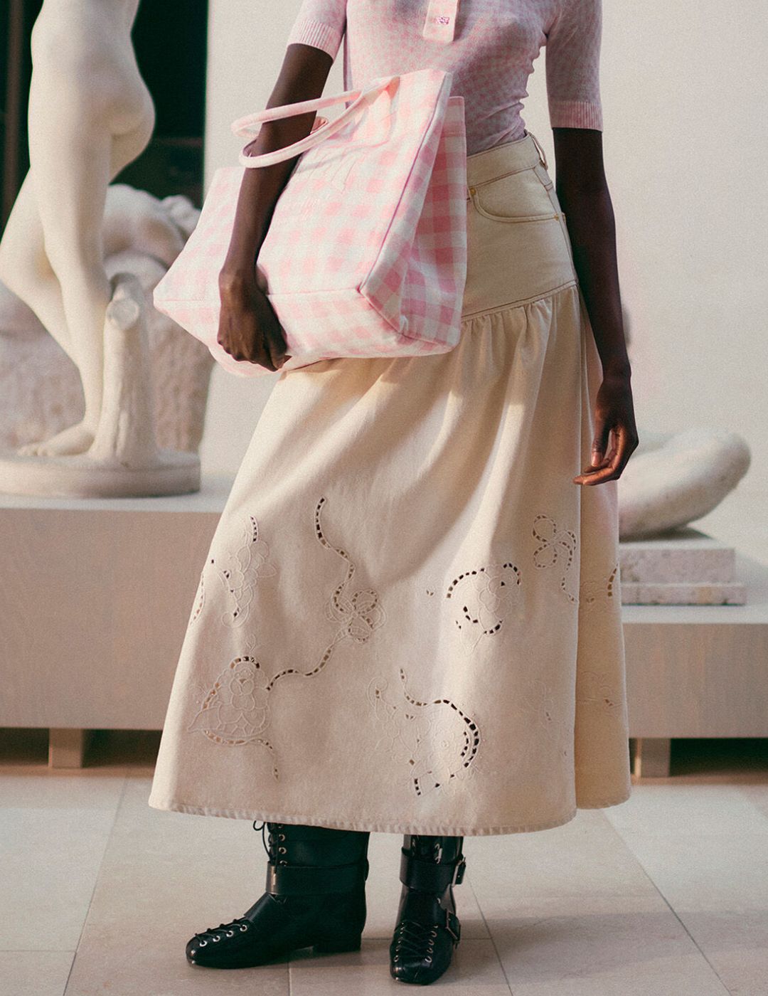 Broderie Anglaise Denim Skirt on model 
