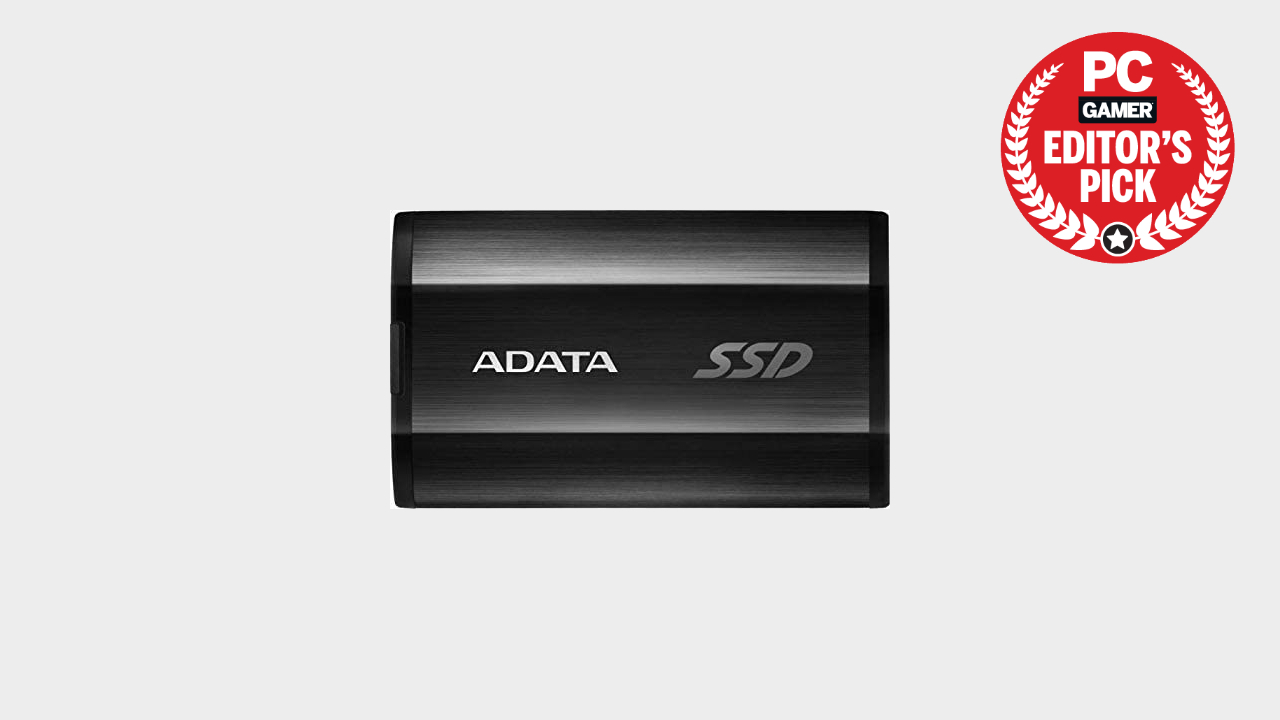 Top down shot of the Adata SE800 on a grey background.