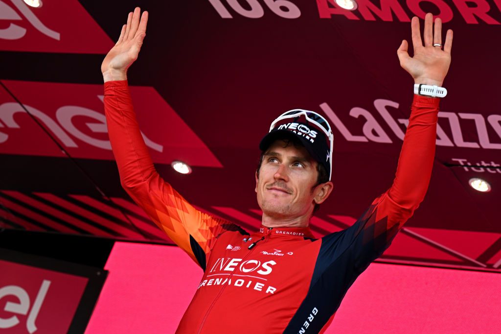 Geraint Thomas (Ineos Grenadiers) on the podium after stage 17 of the Giro d&#039;Italia