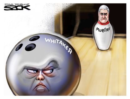 Political cartoon U.S. Robert Mueller Russia probe Matthew Whitaker attorney general bowling
