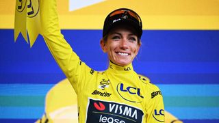 Pauline Ferrand-Prevot of France and Team Visma | Lease a Bike celebrates at podium as Yellow leader jersey winner during the 4th Tour de France Femmes 2025, Stage 8 a 111.9km stage from Chambery to Saint-Francois Longchamp - Col de la Madeleine 1986m / #UCIWWT / on August 02, 2025 in Saint-Francois Longchamp, France.