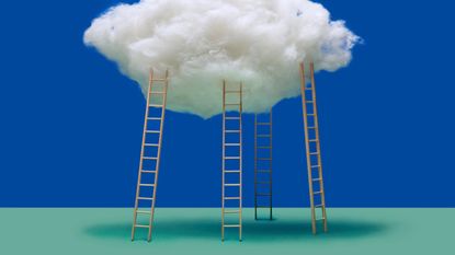Four ladders lead up into a cloud in a blue sky.